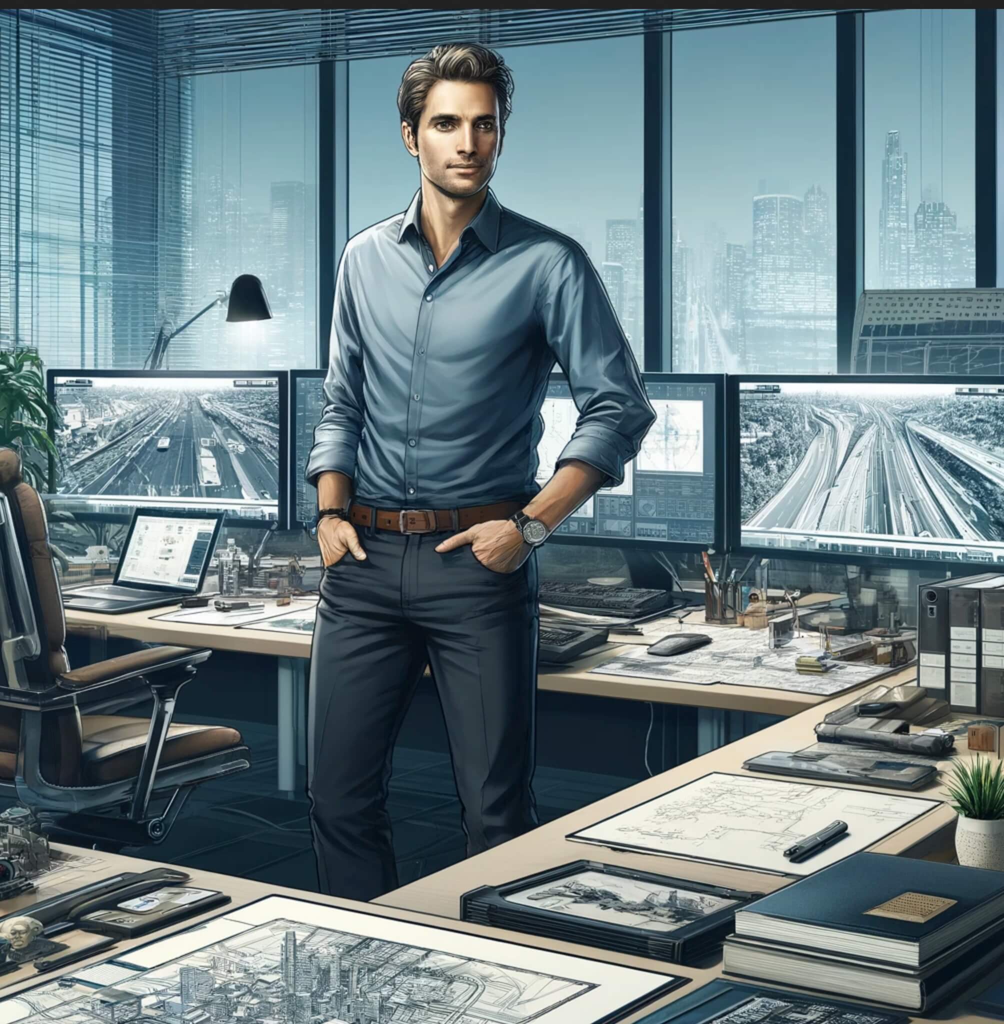 Mann im Büro mit Computer Bildschirm auf den Straßen zu sehen sind. KI-Animation